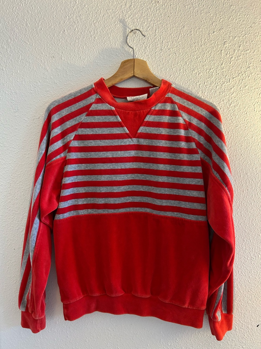 Vintage 80s Jaclyn Smith Red Gray Striped Velour Sweatshirt